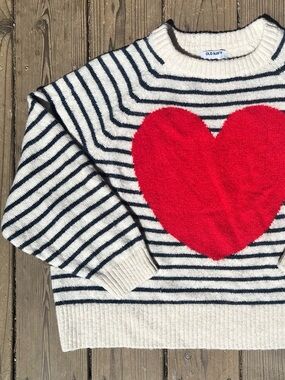 Old Navy cream red black striped large heart graphic cozy crew stretchy sweater